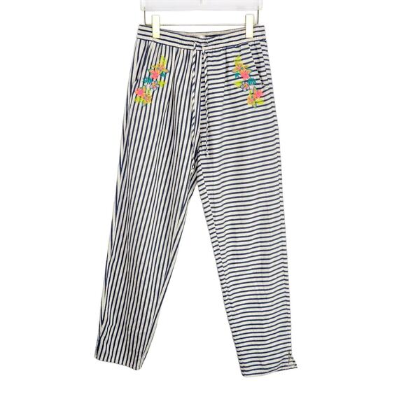 J.O.A. Urban Outfitters High Rise Striped Linen Embroidered Flower Pants Medium - Picture 3 of 11